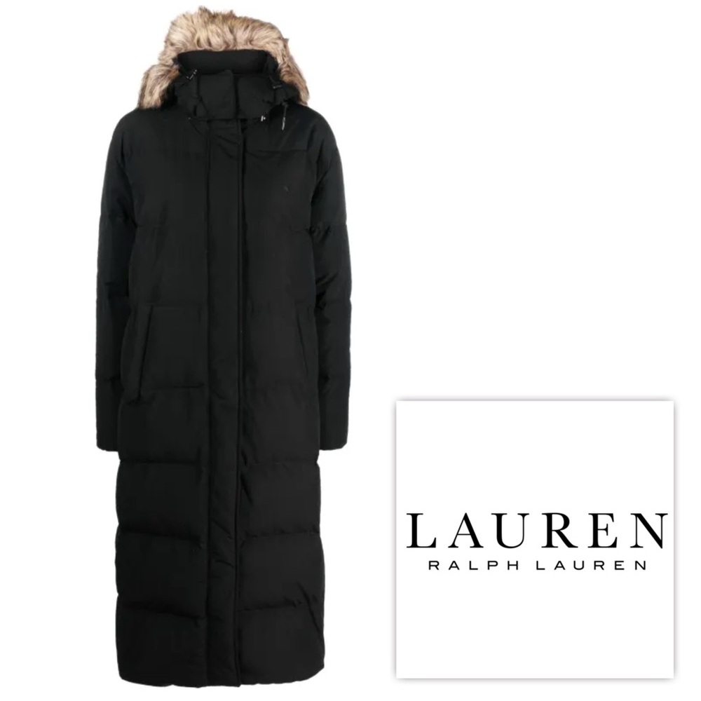 Lauren Ralph Lauren Black Puffer Longline Faux Fur Hood Coat sz Large